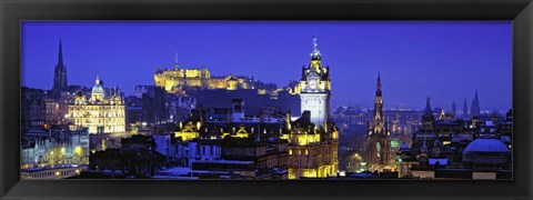 Framed Buildings lit up at night with a castle in the background, Edinburgh Castle, Edinburgh, Scotland Print