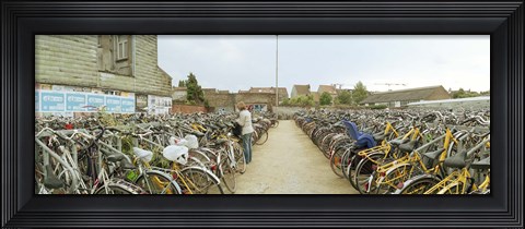 Framed Bicycles parked in the parking lot of a railway station, Gent-Sint-Pieters, Ghent, East Flanders, Flemish Region, Belgium Print