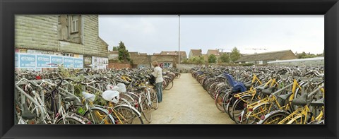 Framed Bicycles parked in the parking lot of a railway station, Gent-Sint-Pieters, Ghent, East Flanders, Flemish Region, Belgium Print