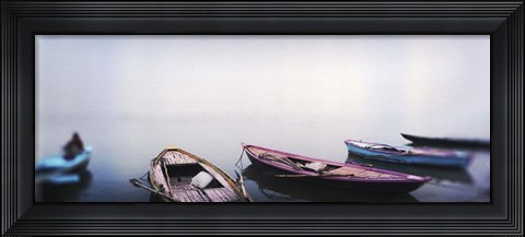 Framed Row boats in a river, Ganges River, Varanasi, Uttar Pradesh, India Print