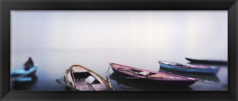 Framed Row boats in a river, Ganges River, Varanasi, Uttar Pradesh, India Print