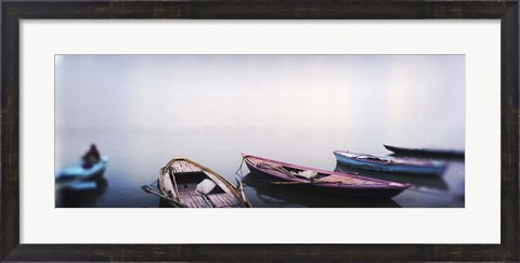 Framed Row boats in a river, Ganges River, Varanasi, Uttar Pradesh, India Print