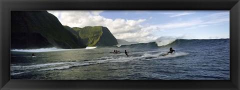 Framed Surfers in the sea, Hawaii, USA Print