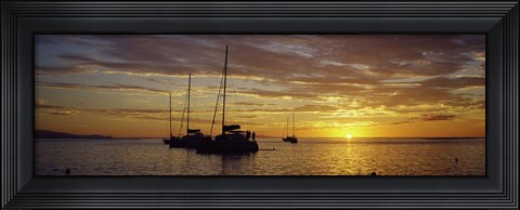 Framed Silhouette of sailboats in the sea at sunset, Tahiti, French Polynesia Print