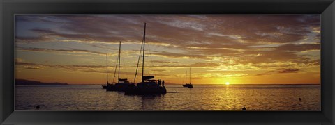 Framed Silhouette of sailboats in the sea at sunset, Tahiti, French Polynesia Print