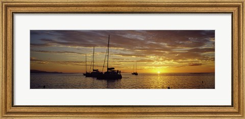 Framed Silhouette of sailboats in the sea at sunset, Tahiti, French Polynesia Print