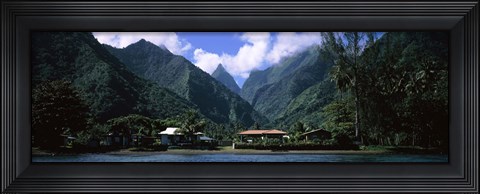Framed Mountains and buildings on the coast, Tahiti, French Polynesia Print