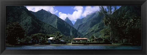 Framed Mountains and buildings on the coast, Tahiti, French Polynesia Print