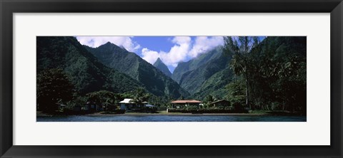 Framed Mountains and buildings on the coast, Tahiti, French Polynesia Print