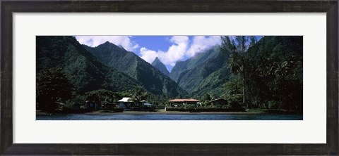 Framed Mountains and buildings on the coast, Tahiti, French Polynesia Print