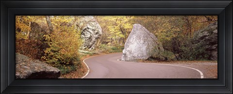 Framed Road curving around a big boulder, Stowe, Lamoille County, Vermont, USA Print