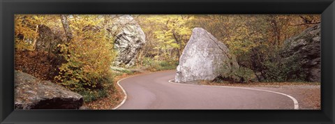 Framed Road curving around a big boulder, Stowe, Lamoille County, Vermont, USA Print