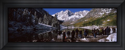 Framed Tourists at the lakeside, Maroon Bells, Aspen, Pitkin County, Colorado, USA Print