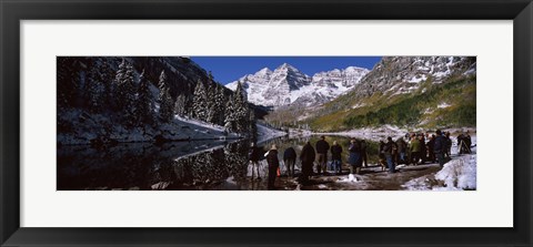 Framed Tourists at the lakeside, Maroon Bells, Aspen, Pitkin County, Colorado, USA Print