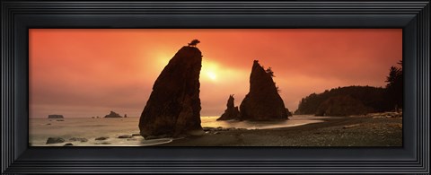 Framed Silhouette of seastacks at sunset, Olympic National Park, Washington State Print