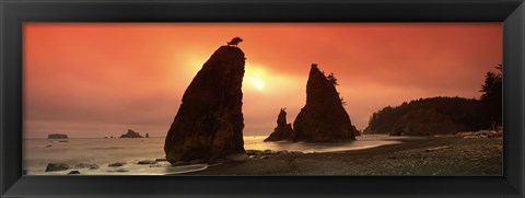 Framed Silhouette of seastacks at sunset, Olympic National Park, Washington State Print