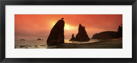 Framed Silhouette of seastacks at sunset, Olympic National Park, Washington State Print