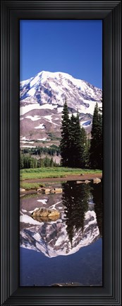 Framed Reflection of a mountain in a lake, Mt Rainier, Pierce County, Washington State, USA Print