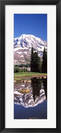 Framed Reflection of a mountain in a lake, Mt Rainier, Pierce County, Washington State, USA Print