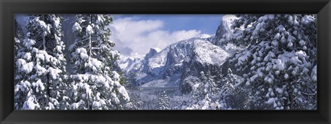 Framed Mountains and waterfall in snow, Tunnel View, El Capitan, Half Dome, Bridal Veil, Yosemite National Park, California Print