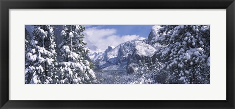 Framed Mountains and waterfall in snow, Tunnel View, El Capitan, Half Dome, Bridal Veil, Yosemite National Park, California Print