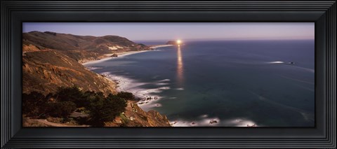 Framed Lighthouse lit up at night, moonlight exposure, Big Sur, California, USA Print