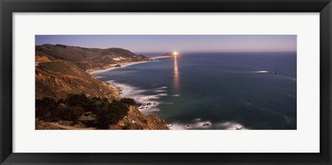 Framed Lighthouse lit up at night, moonlight exposure, Big Sur, California, USA Print