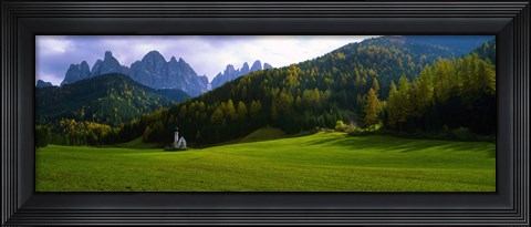 Framed Valley with a church and mountains in the background, Santa Maddalena, Val De Funes, Le Odle, Dolomites, Italy Print