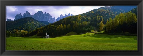 Framed Valley with a church and mountains in the background, Santa Maddalena, Val De Funes, Le Odle, Dolomites, Italy Print