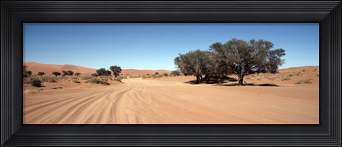 Framed Tire tracks in an arid landscape, Sossusvlei, Namib Desert, Namibia Print