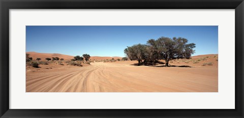 Framed Tire tracks in an arid landscape, Sossusvlei, Namib Desert, Namibia Print