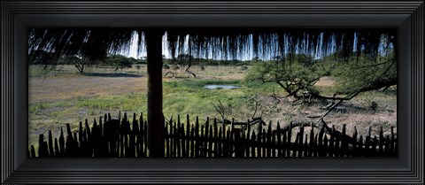 Framed View from a hut, waterhole, Onguma Bush Camp, Etosha National Park, Kunene Region, Namibia Print