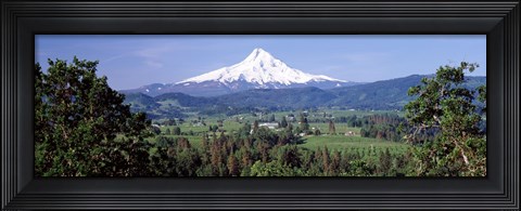 Framed Trees and farms with a snowcapped mountain in the background, Mt Hood, Oregon, USA Print