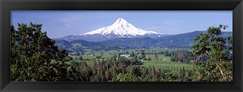 Framed Trees and farms with a snowcapped mountain in the background, Mt Hood, Oregon, USA Print