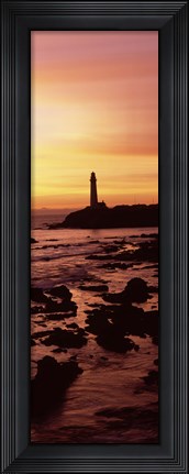 Framed Silhouette of a lighthouse at sunset, Pigeon Point Lighthouse, San Mateo County, California Print