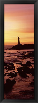 Framed Silhouette of a lighthouse at sunset, Pigeon Point Lighthouse, San Mateo County, California Print