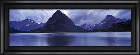 Framed Reflection of mountains in a lake, Swiftcurrent Lake, Many Glacier, US Glacier National Park, Montana (Blue) Print