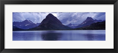 Framed Reflection of mountains in a lake, Swiftcurrent Lake, Many Glacier, US Glacier National Park, Montana (Blue) Print