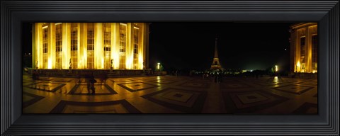 Framed Buildings lit up at night with a tower in the background, Eiffel Tower, Paris, France Print