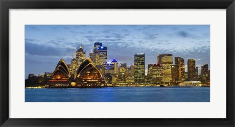 Framed Opera house and buildings lit up at dusk, Sydney Opera House, Sydney Harbor, Sydney, New South Wales, Australia Print