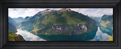 Framed Reflection of mountains in fjord, Geirangerfjord, Sunnmore, Norway Print