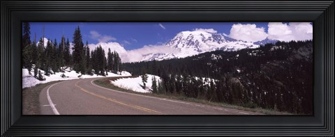 Framed Road with a mountain range in the background, Mt Rainier, Mt Rainier National Park, Pierce County, Washington State, USA Print