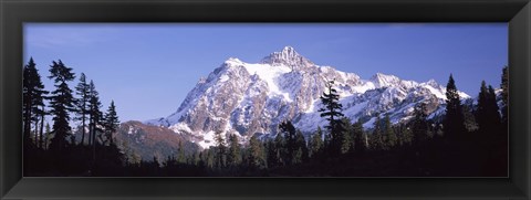 Framed Mountain range covered with snow, Mt Shuksan, Picture Lake, North Cascades National Park, Washington State, USA Print