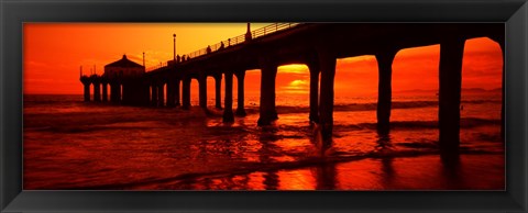 Framed Silhouette of a pier at sunset, Manhattan Beach Pier, Manhattan Beach, Los Angeles County, California, USA Print