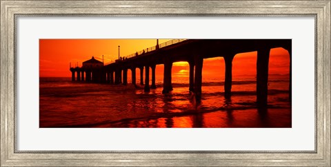 Framed Silhouette of a pier at sunset, Manhattan Beach Pier, Manhattan Beach, Los Angeles County, California, USA Print