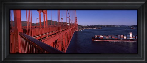 Framed Container ship passing under a suspension bridge, Golden Gate Bridge, San Francisco Bay, San Francisco, California, USA Print