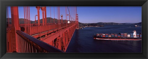 Framed Container ship passing under a suspension bridge, Golden Gate Bridge, San Francisco Bay, San Francisco, California, USA Print