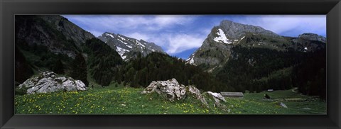 Framed Mountains in a forest, Mt Santis, Mt Altmann, Appenzell Alps, St Gallen Canton, Switzerland Print