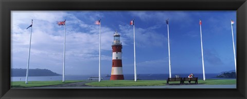 Framed Lighthouse with flags on the coast, Smeaton&#39;s Tower, Plymouth Hoe, Plymouth, Devon, England Print