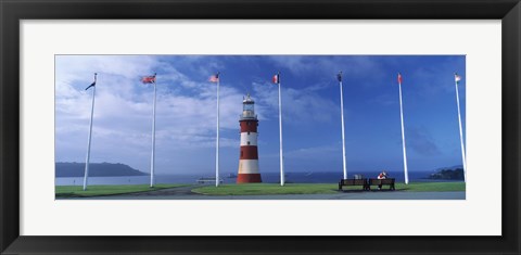 Framed Lighthouse with flags on the coast, Smeaton&#39;s Tower, Plymouth Hoe, Plymouth, Devon, England Print